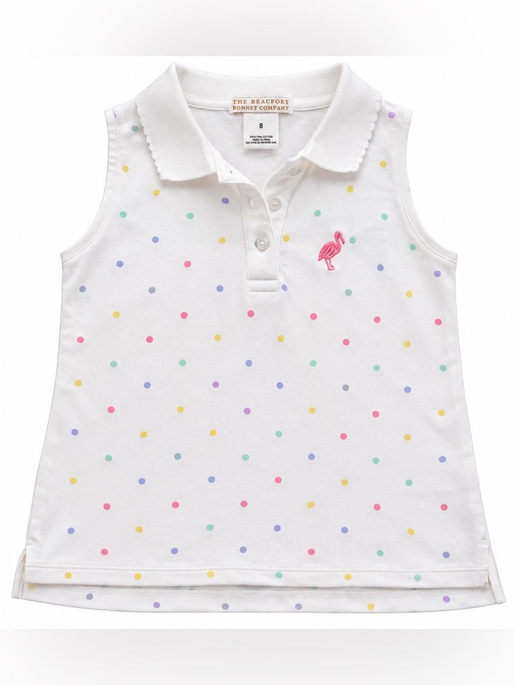 Beaufort Bonnet Company White Sleeveless Polo Top with Pastel Polka Dots